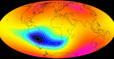 Jihoatlantská magnetická anomálie. Zdroj: ESA