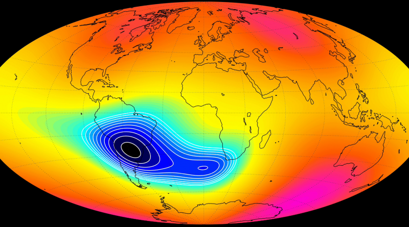 Jihoatlantská magnetická anomálie. Zdroj: ESA