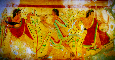 Pěvci a tanečníci na etruské hrobce. Zdroj: Public Domain, Yann Forget/UNESCO, nekropole Monterozzi