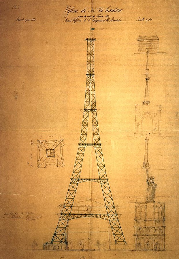 Původní koncept Eiffelovy věže. Zdroj: Maurice Koechlin, Émile Nouguier, CC BY.