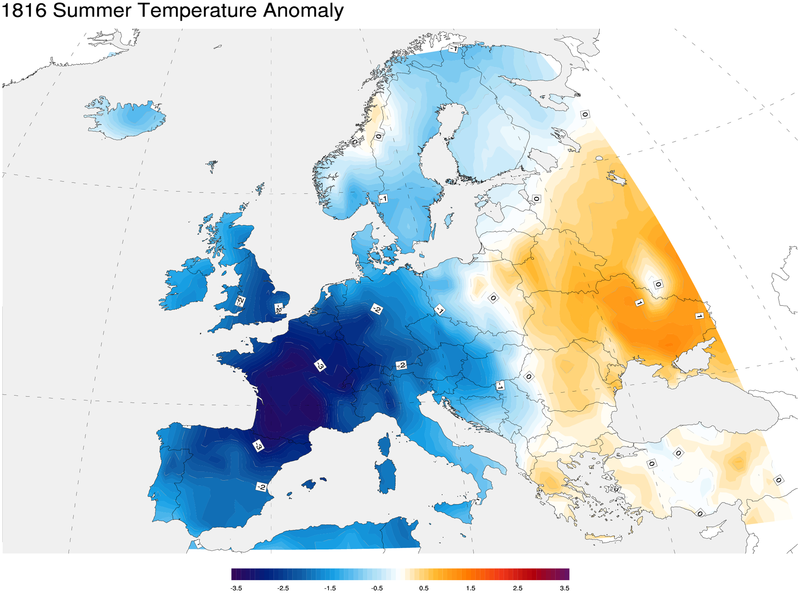Anomální evropské letní teploty v roce 1815, čím víc modré, tím nejvyklejší pokles oproti běžnému průměru. Zdroj: CC BY-SA 3.0/NOAA