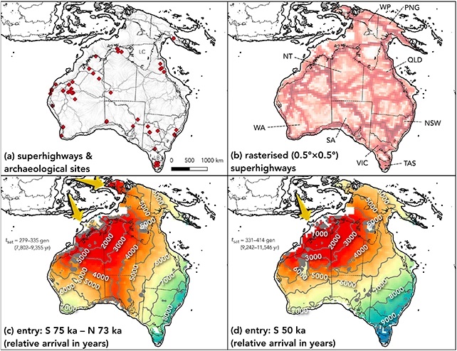Trasy a rozložení obyvatelstva v Sahulu. Zdroj: Bradshaw et al., Quaternary Science Reviews, 2023