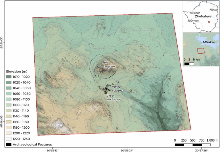 Mapa zříceniny Velké Zimbabwe s vyznačením hlavních staveb. zdroj: Pikirayi et al., Anthropocene, 2023