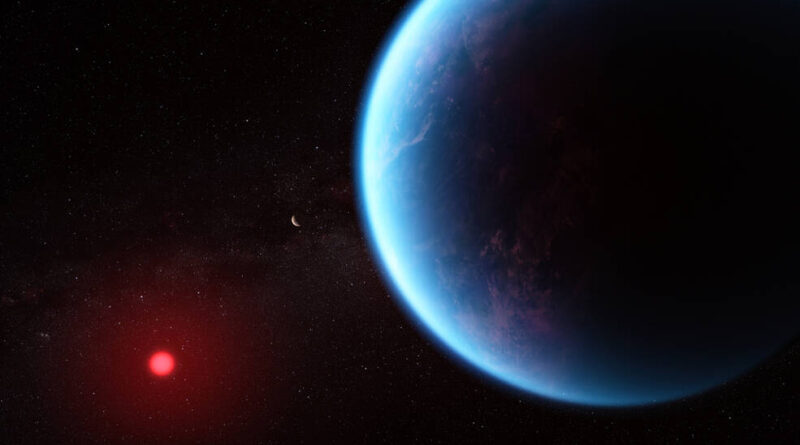 Naše dnešní exoplaneta ve vizi umělce. Zdroj: NASA, CSA, ESA, J. Olmsted (STScI), Science: N. Madhusudhan (Cambridge University)