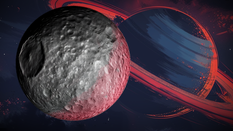 Mimas a Saturn, neasik. Zdroj: NASA, MJ/vlastní