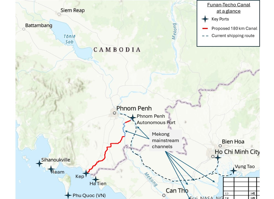 Nový kanál (červená linie) má urychlit cestu z Phnom Penh do Ho Chi Minhova Města (přerušovaná linie).
Zdroj: Eyler et al., Stimpson, 2024
