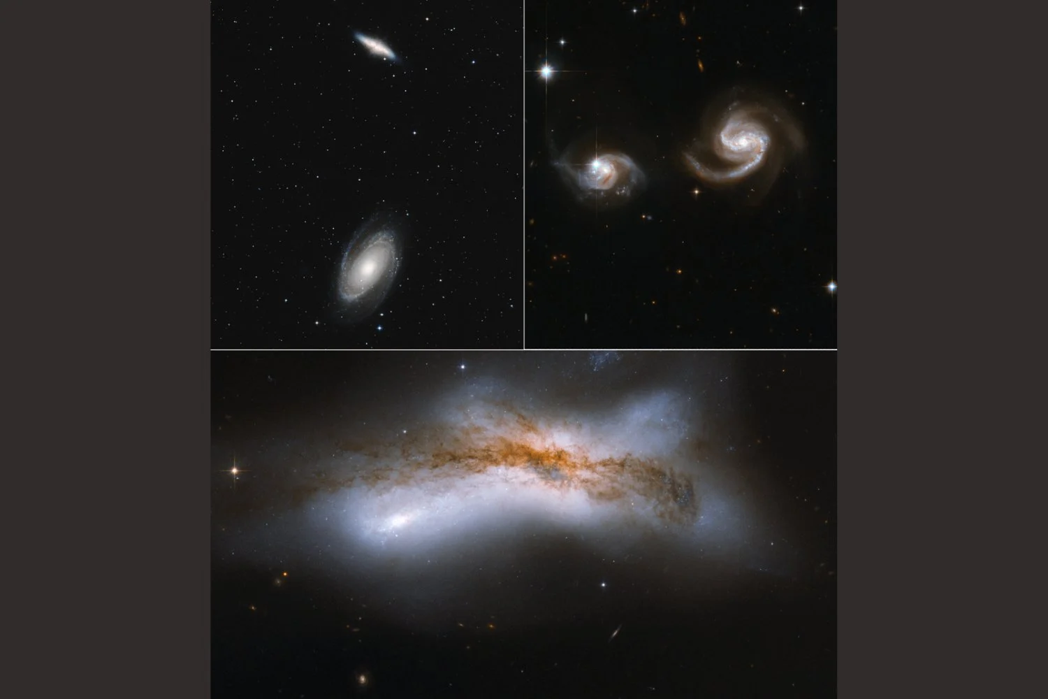 Tři možné scénáře setkání Mléčné dráhy a Andromedy, včetně několika přeletů. Zdroj: NASA / ESA