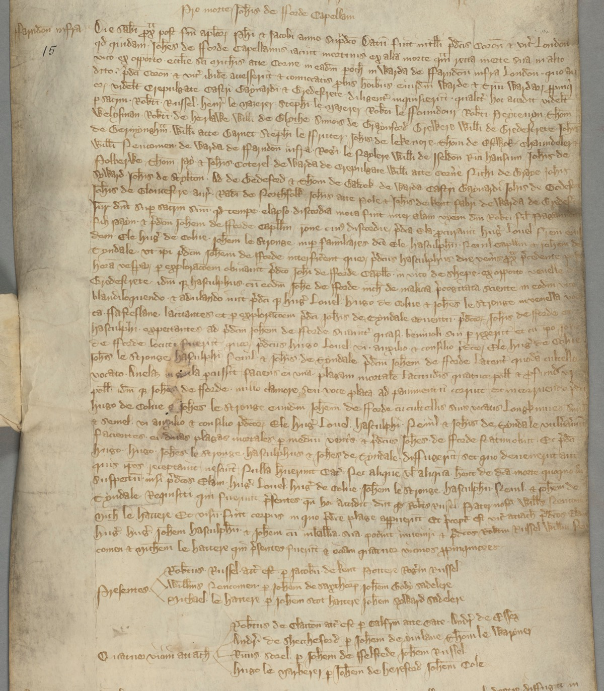 Londýnský archiv. Vyšetřovací spis č. 15 z let 1336–1337, záznamy koronera města Londýna. Zdroj: Londýnský archiv