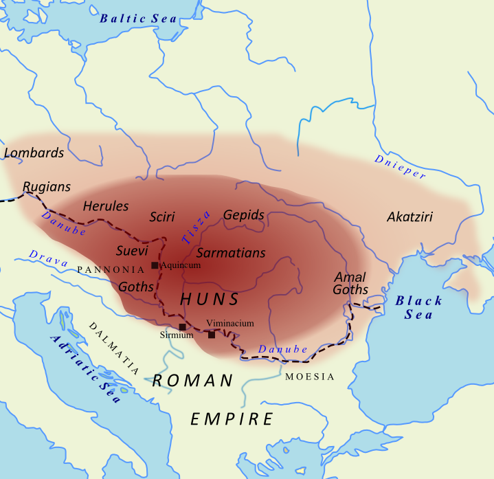 Území kontrolované Huny kolem roku 450. Zdroj: Slovenski Volk/CC BY