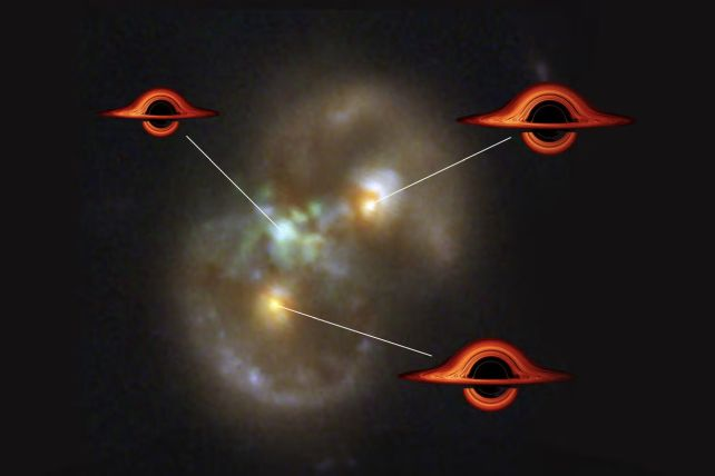Konfigurace galaxie Infinity se třemi supermasivními černými dírami. Zdroj: NASA, P. van Dokkum, G. Brammer