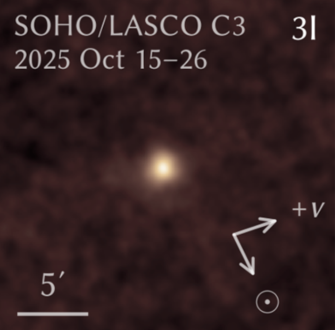 Cvak 3I/Atlas sondou SOHO. Zdroj: NASA/ESA