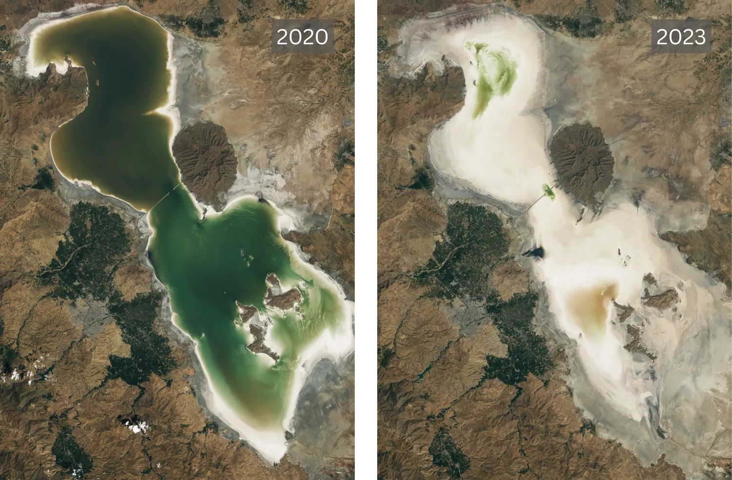 Jezero Urmia v Íránu v roce 2020 (vlevo) a 2023 (vpravo) po vyschnutí v důsledku sucha. Zdroj: NASA