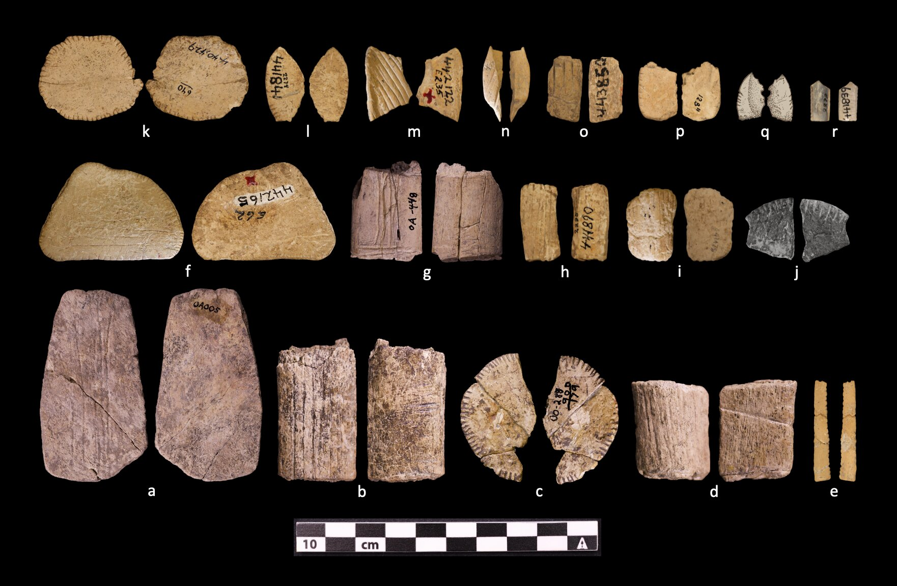 Kostky z Folsomu, u nichž se předpokládá, že pocházejí od Prameričanů. (Obrázky 9a, b, d a g: Agate Basin, Wyoming, UW-OA005, UW-OA109, UW-OA111, UW-OA448, s laskavým svolením Katedry antropologie Univerzity ve Wyomingu. Obrázek 9c: Lindenmeier, Colorado, DMNS-A900.179, s laskavým svolením Denver Museum of Nature and Science. Obrázek 9e–f, h–i, k–p, r: Lindenmeier, Colorado, NMNH-A443046, NMNH-A442165, NMNH-A44890, NMNH-A441178, NMNH-A440429, NMNH-A441841; NMNH-A442122, NMNH-A443755, NMNH-A443850, NMNH-A443658, NMNH-A441839, s laskavým svolením Oddělení antropologie, Smithsonian Institution, Americké přírodovědné muzeum. Obrázek 9j: Lindenmeier, Colorado, CSU-7805-6, s laskavým svolením Katedry antropologie, Colorado State University. Obrázek 9q: Blackwater Draw, Nové Mexiko; kresba D'arcy NR Maddena podle Hestera (1972: Obrázek 9b, autor Phyllis Hughes). (Všechny fotografie, kromě (j), jsou dílem autora). Zdroj: Robert Madden