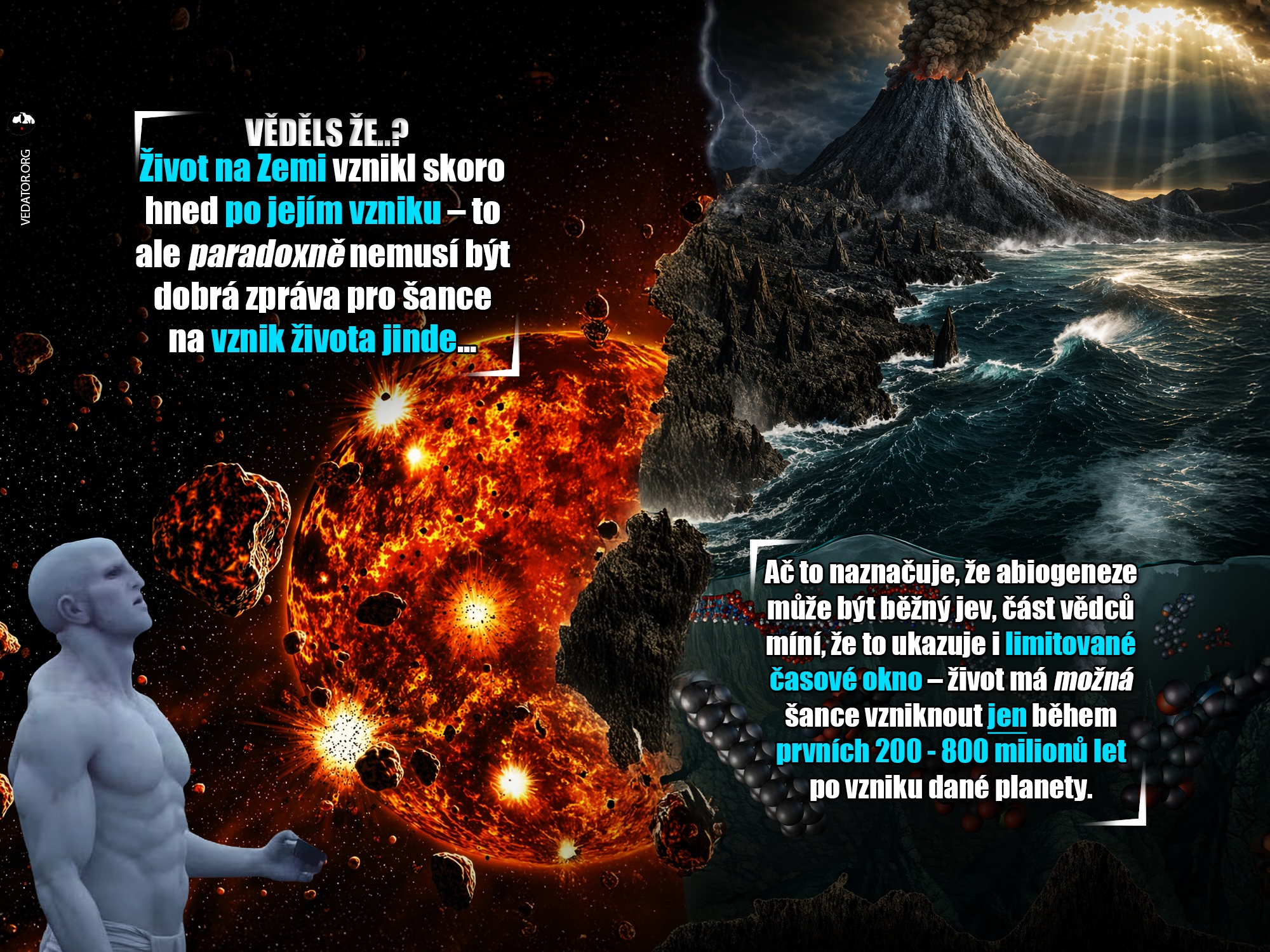 Vznik života, zóna života, časové okno, abiogeneze, evoluce, infografika, grafika.