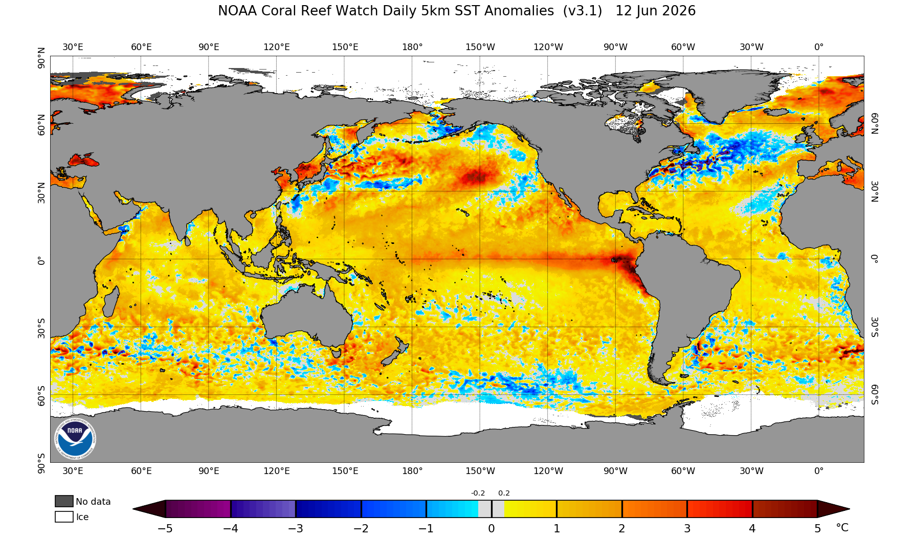 Aktuální mapa povrchových teplotních anomálií. Tj. kde je voda chladnější, než by se slušelo vs. teplejší, než by se slušelo. Zdroj: NOAA