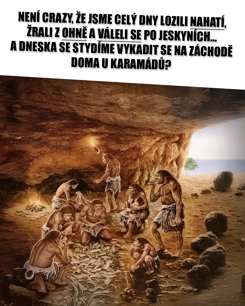 Pralidi, pralidé, cavemen, oheň, neandertálci, pračlověk. Zdroj: Public Domain