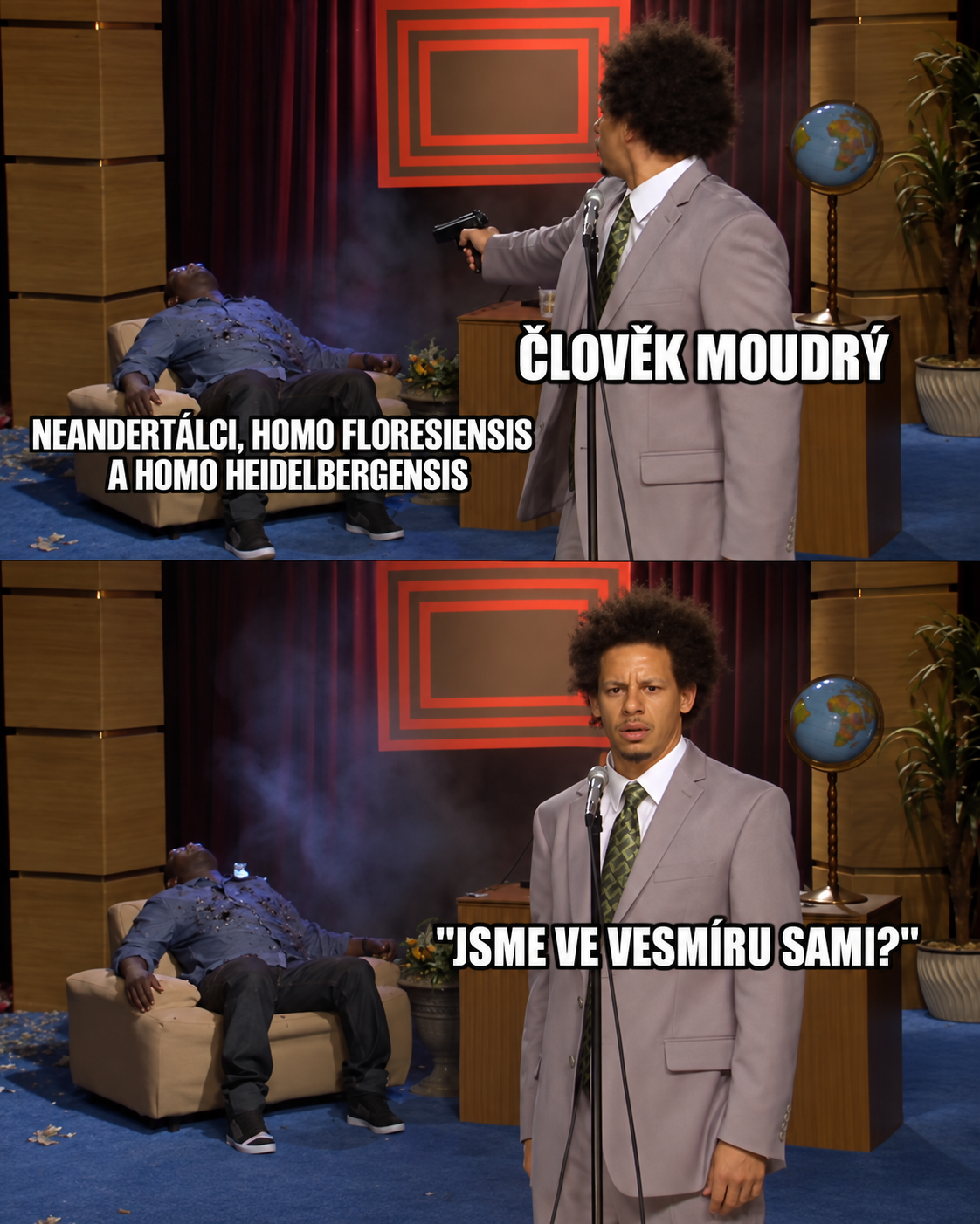 Homo sapiens, neandertálci, denisované, evoluce, evoluce člověka. Zdroj: The Eric André Show