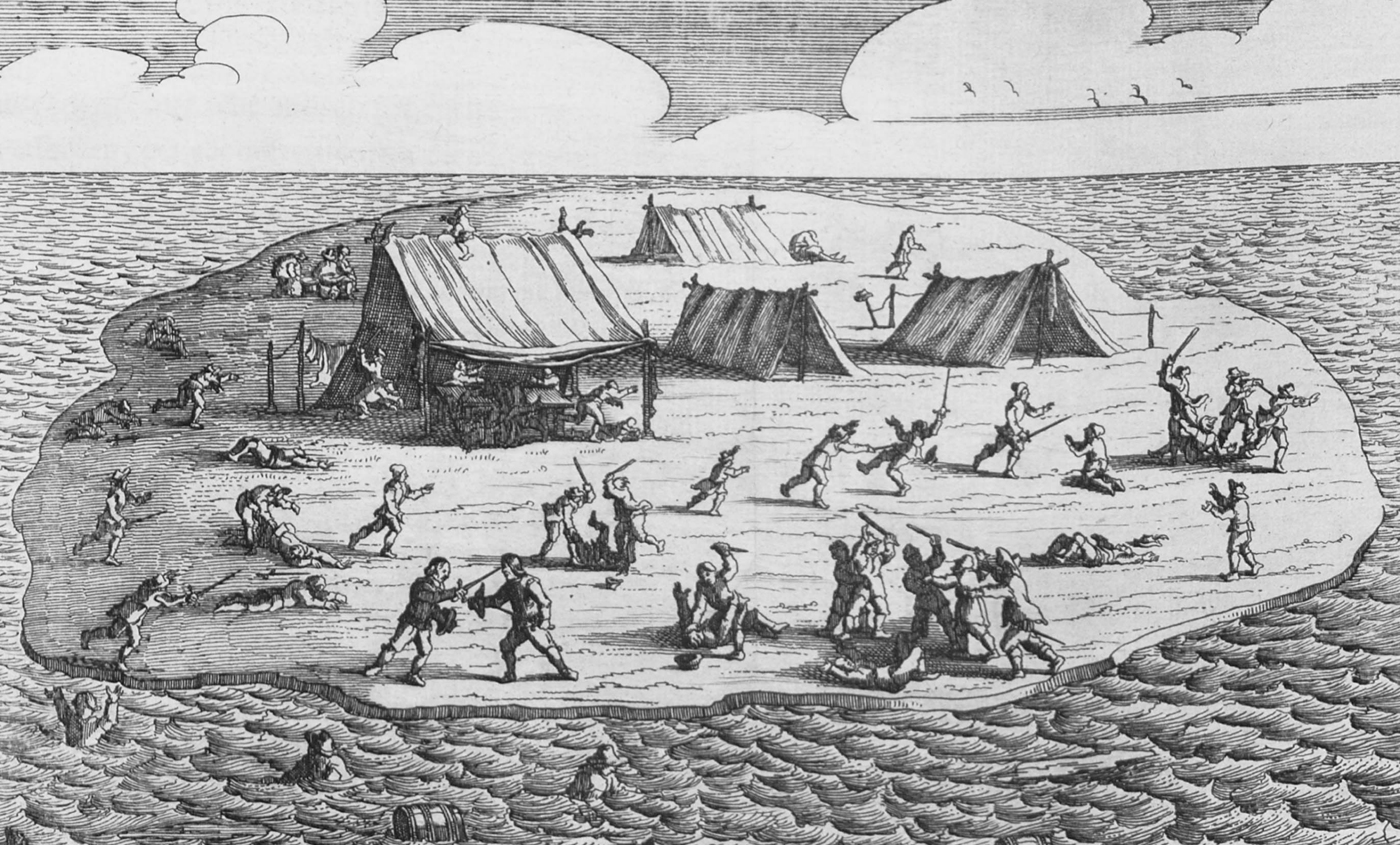 Masakr přeživších z lodi Batavia na ostrově Beacon. Zdroj: Public Domain
